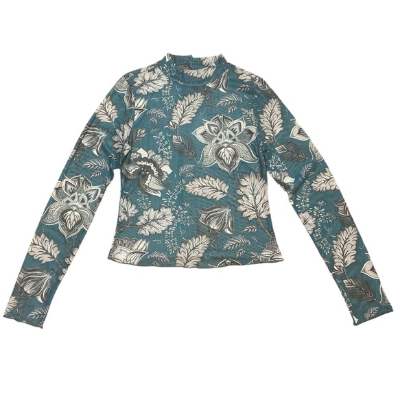 Blue B Mesh Top Size L Teal Long Sleeve Mock Neck Back Keyhole Button Closure - Picture 2 of 12